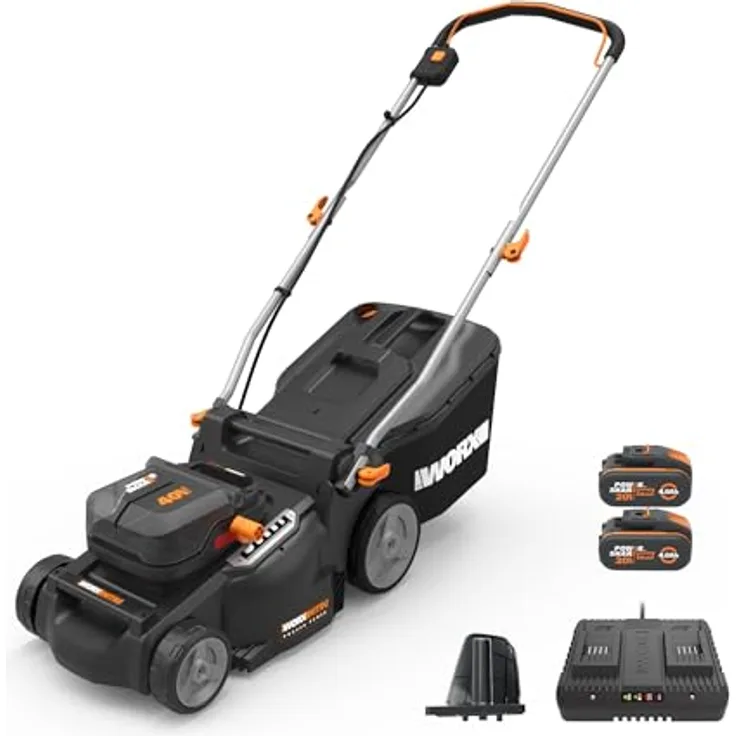 WORX WG737E Nitro Akku-Rasenmäher 40V(2x20V) - leistungsstarker bürstenloser Motor - 37cm Schnittbreite - 6 Schnitthöhenstufen (20-70mm) - 40L Grasfangsack - inkl. 2x4Ah Akkus & Dual-Ladegerät