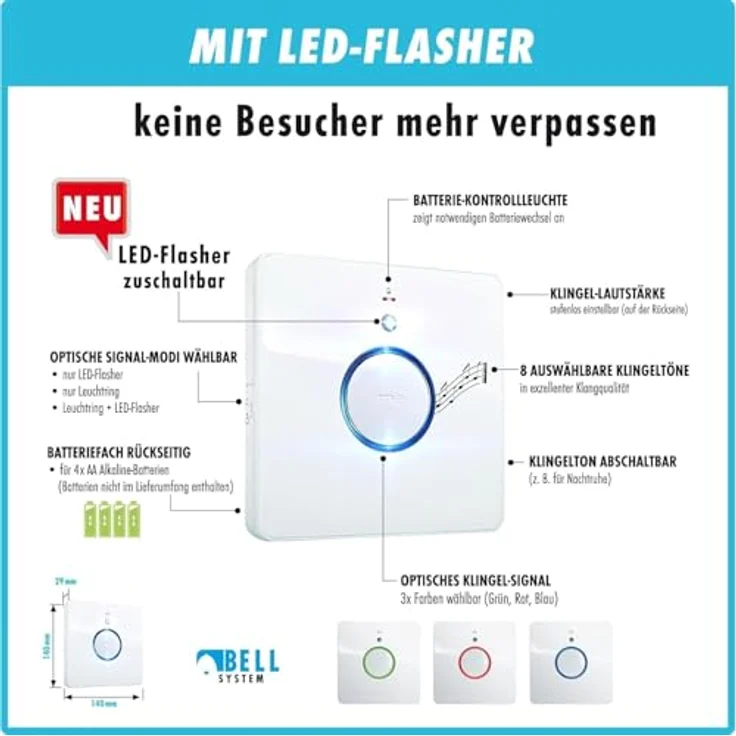 m-e BELL-232.3 Funkklingel Set für 2-Familien-Haus, LED-Leuchtring mit 8 Melodien und stufenloser Lautstärkeregelung, spritzwassergeschützt IP44, mit Namensschild, bis zu 200 m Reichweite – Bild 3