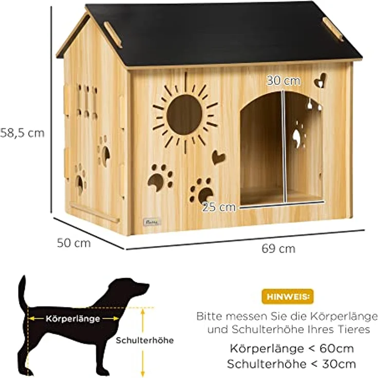PawHut Hundehütte aus Holz Kleintierhaus mit Lüftungsöffnungen Hundehaus mit Dach Hundehöhle Indoor MDF Eiche+Schwarz 69 x 50 x 58,5 cm – Bild 3