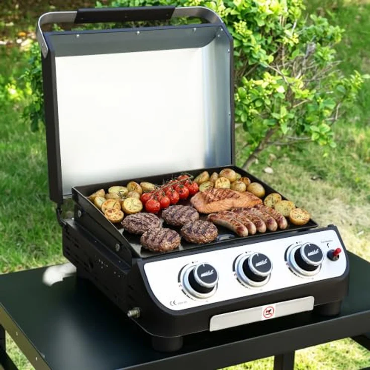 Royal Gourmet Gasgrill 3 Brenner Plancha Tischgrill, emaillierte Bratplatte, komfortabler Deckelgriff, batterie­freie Piezozündung, verstellbare Standfüße – Bild 2
