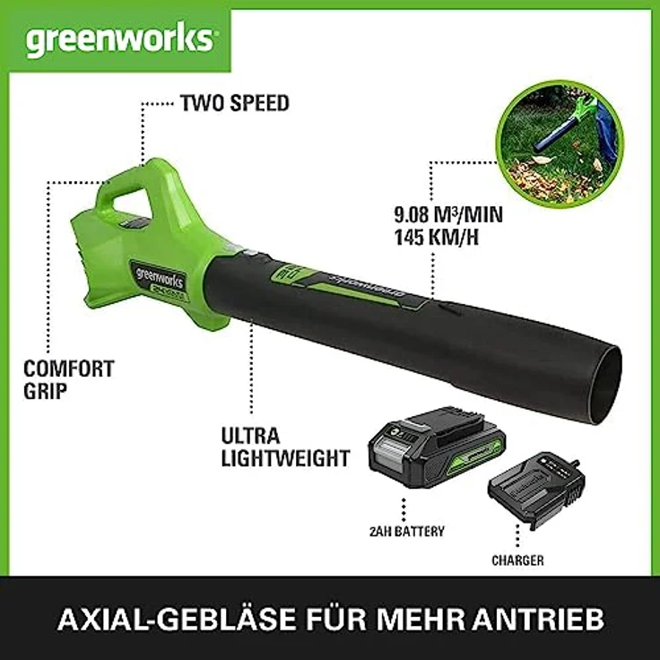 Greenworks G24ABII Axial Akku Laubbläser, 145 km/h, 9,08 m³/min, 24V 2Ah Akku & Ladegerät, 3 Jahre Garantie – Bild 2