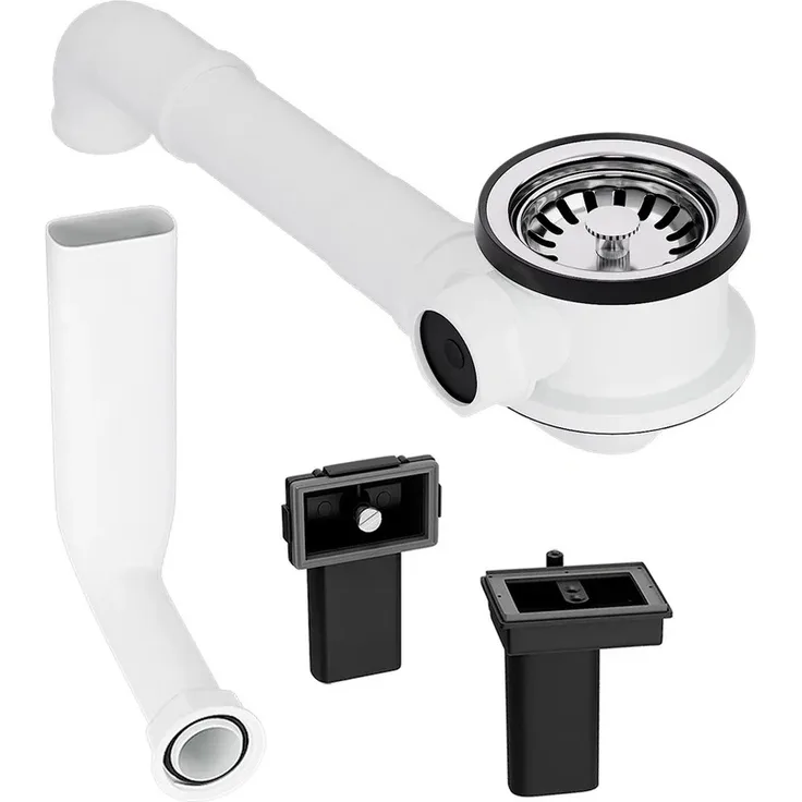 AquaDE Siebkorbventil 70 mm mit Raumschaffer und Überlauf-Set für Küchenspüle, rostfreier Edelstahl, weiß