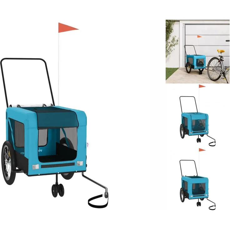 vidaXL Hunde-Transportbox Fahrradanhänger Hunde Blau und Schwarz Oxford-Gewebe Eisen mit PVC-Dach und reflektierenden Elementen