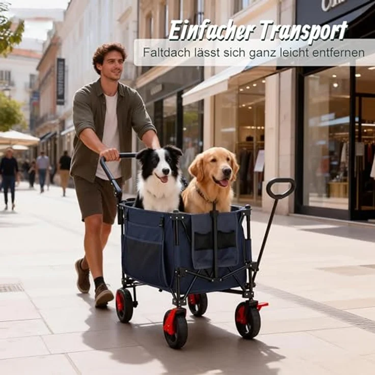 Relaxdays Bollerwagen, faltbar, 150 kg Traglast, mit Dach und Teleskop- & Schiebegriff, blaue Gummireifen mit Bremse, Transportwagen – Bild 3