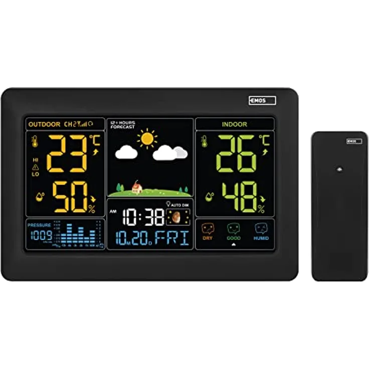 Emos E0387, Wetterstation in Schwarz, digitale Funkuhr mit DCF-Technologie, Temperatur- und Luftfeuchtigkeitsmessung, erweiterbar mit 3 Sensoren