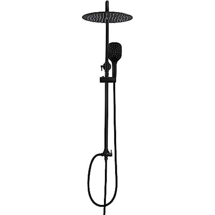 Görbach Regendusche Duschsystem, XL Rund 25 cm, Schwarz, Edelstahl mit 3 Strahlarten und höhenverstellbarer Duschstange