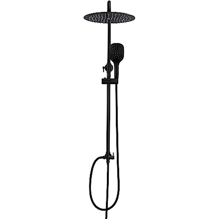 Görbach Regendusche Duschsystem, XL Rund 25 cm, Schwarz, Edelstahl mit 3 Strahlarten und höhenverstellbarer Duschstange – Bild 1
