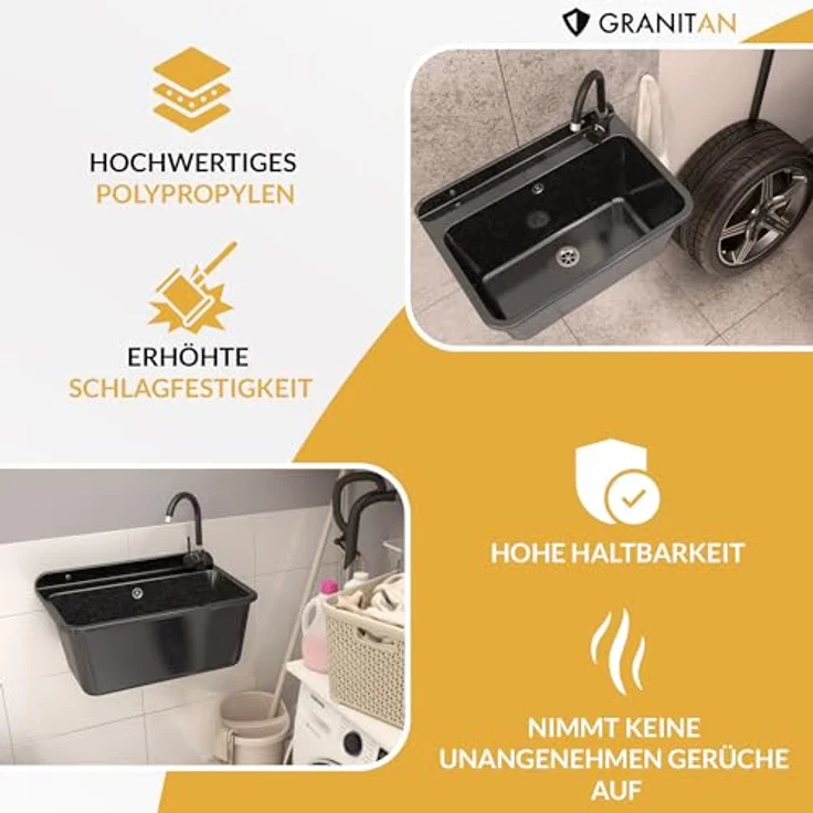 Granitan Ausgussbecken - Polypropylen Waschtrog mit Siphon - 61x41x30 cm - Grau Lux – Bild 3