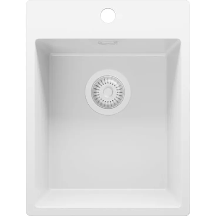 Primagran Spülbecken Riga 40 Weiß 38x50cm, Granitspüle 1 Becken + Ablauf-Set, für 40er Unterschrank - Hitzebeständig, Schmutzabweisend, Minimalistisches Design