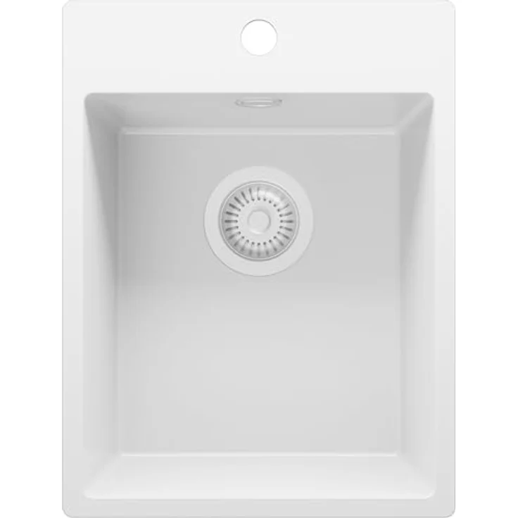 Primagran Spülbecken Riga 40 Weiß 38x50cm, Granitspüle 1 Becken + Ablauf-Set, für 40er Unterschrank - Hitzebeständig, Schmutzabweisend, Minimalistisches Design – Bild 1