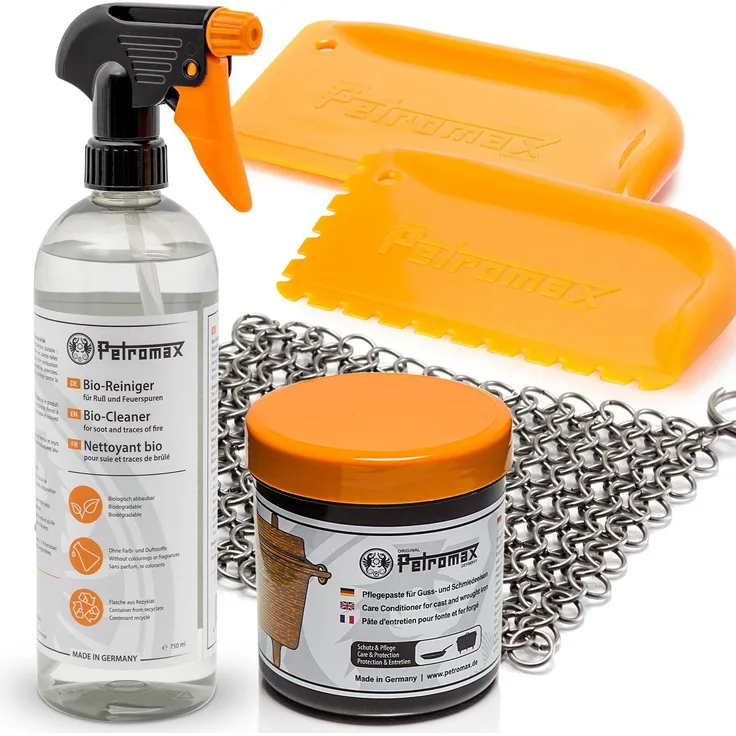 Petromax Gasgrill Profi Zubehör Pflege-Set für Grill Dutch Oven oder Pfanne, 5er Set, Ringreiniger 2x Schaber Pflegepaste Bio Reiniger