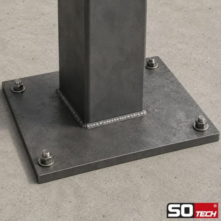 SOTECH Anschweißplatte 100 x 100 x 5 mm, Stahl Q235 schwarz unbehandelt, 4 Befestigungslöcher Ø13 mm – Bild 3