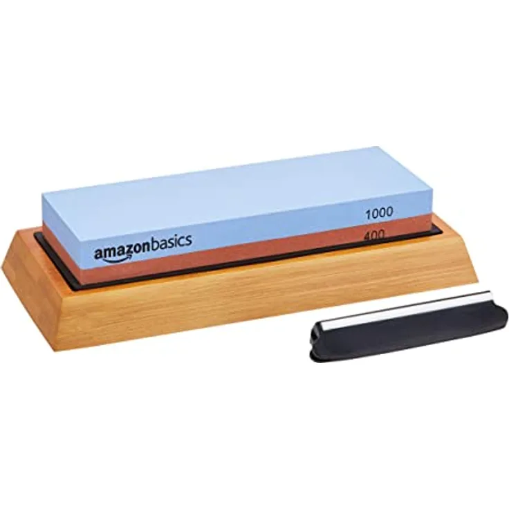 Amazon Basics Messerschärfstein, doppelseitig, 400/1000 Körnung, rutschfeste Bambusunterseite, 18 x 6.1 x 2.8 cm, Blau und Rot