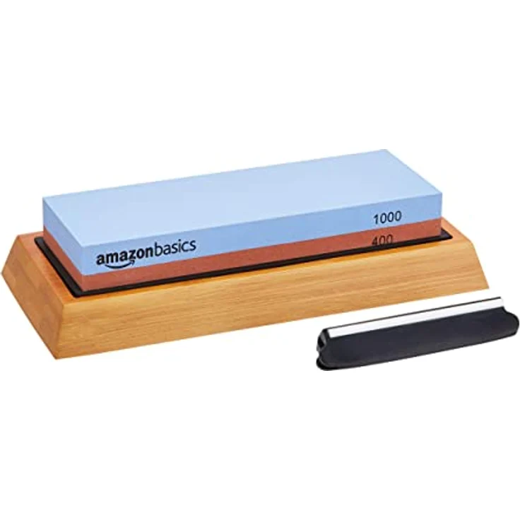 Amazon Basics Messerschärfstein, doppelseitig, 400/1000 Körnung, rutschfeste Bambusunterseite, 18 x 6.1 x 2.8 cm, Blau und Rot – Bild 1