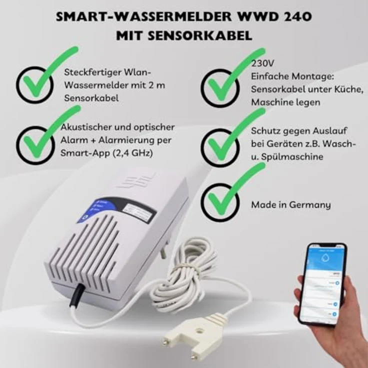 Schabus WWD 240 Smart-Wassermelder, WLAN-Wasseralarm mit 85 dB Alarm, LED-Anzeige, 2,8 m Sensorleitung, 230 V Schuko-Stecker – Bild 2