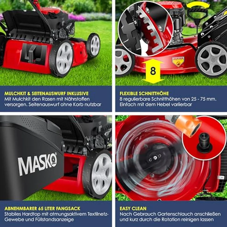 MASKO Benzin Rasenmäher 5in1 Radantrieb EasyClean Reinigungsfunktion Mulchfunktion Seitenauswurf hohe Schnittbreite 8-fache Schnitthöhenverstellung, 4 Takt Motor, inkl. Fangkorb Rot - Schwarz, Schnittbreite 51cm - Preisvergleich – Bild 3