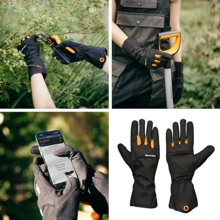 Fiskars Strauchpflege-Handschuhe, Arbeitshandschuhe mit Touchscreen-kompatiblen Daumen und Fingerspitzen, Schwarz/Orange – Bild 2