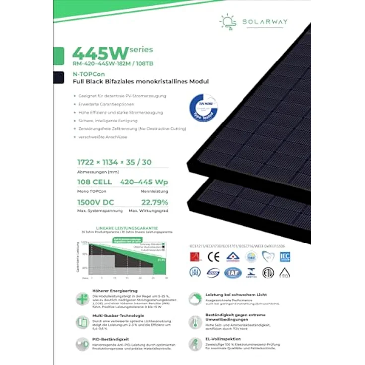 Solarway 445W Solarpanel Full Black, Bifazial Glas/Glas PV Panel mit n-Type Technologie, 0-5 W positive Leistungstoleranz, hohe Schwachlicht-Performance, 21,8% Wirkungsgrad, 25 Jahre Garantie – Bild 2