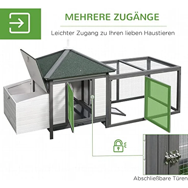 PawHut Zwerghühnerstall Zwerghühnerhaus mit Auslauf Stall mit Sitzstangen Nistkasten Wachtelstall Draußen Winterfest Kiefernholz Grau+Weiß 196 x 76 x 97 cm – Bild 5