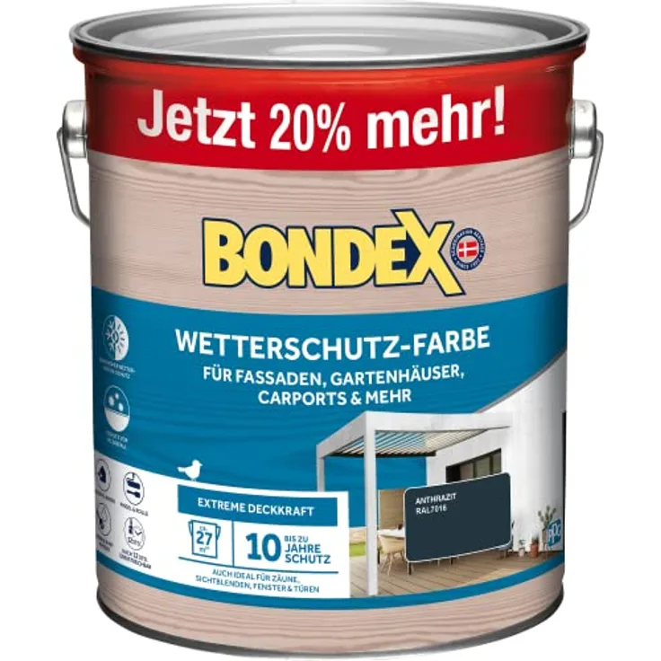 Bondex Wetterschutz Farbe Anthrazit (RAL7016) 3 L für 27 m² | Extreme Deckkraft | Hervorragende Witterungsbeständigkeit | seidenglänzend | Wetterschutzfarbe | Holzfarbe