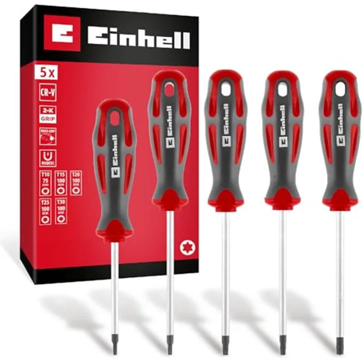 Einhell Schraubendreher-Set 5-tlg. T-Profil, CrV-Klingen, magnetische Spitze, ergonomische Griffe, Profilgrößen T10/T15/T20/T25/T30