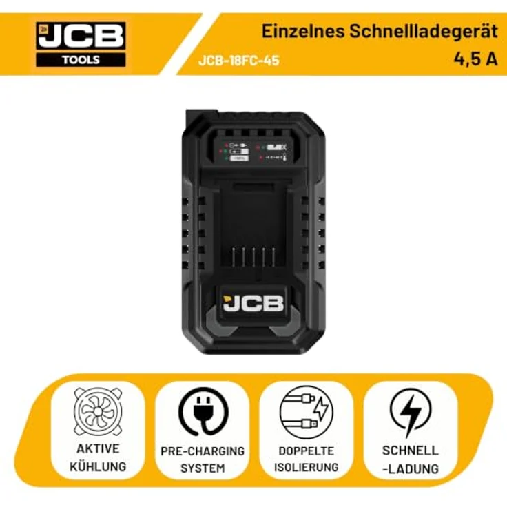 JCB Professional Schnellladegerät JCB-18FC-45, 18V 4,5A für Li-Ion Akkus, intelligente Ladesteuerung, Überladeschutz, kompakt und robust – Bild 3