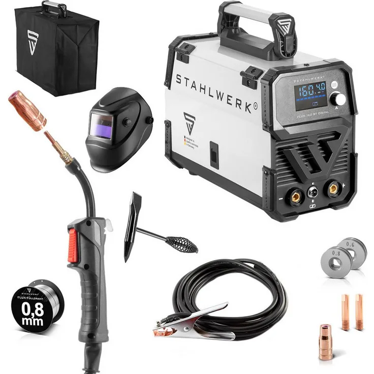 STAHLWERK Fülldrahtschweißgerät FLUX 160 ST Digital, 160 A, 40 - 160 A, Vollausstattung, synergischer Drahtvorschub, Lift TIG und MMA