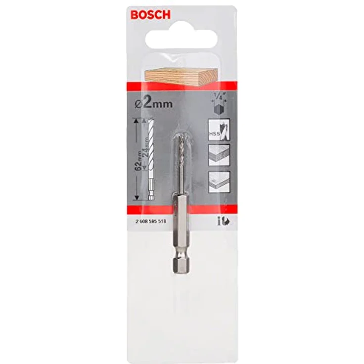 Bosch Holzspiralbohrer 1/4 Zoll-Sechskantschaft Ø 2 mm x 62 mm, präziser HSS Bohrer für Weich- und Hartholz, mit Zentrierspitze und ausrissfreien Vorschneidern – Bild 2