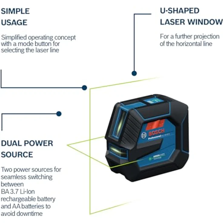 Bosch Professional Linienlaser GLL 20-22 G, Dual Power Source, grüner Laser, IP65, mit Akku und Batterien, inkl. Baustativ und Universalhalter – Bild 4