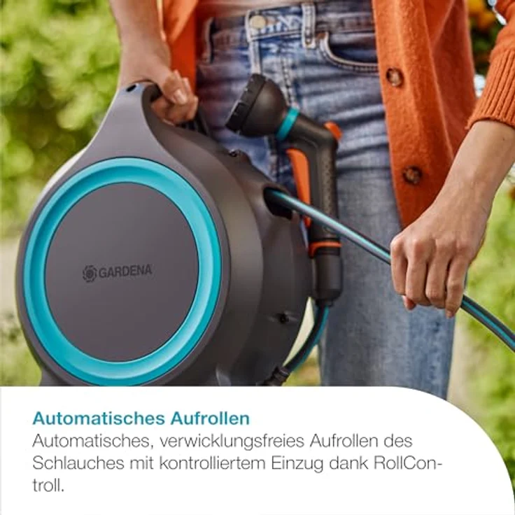 Gardena MoveMatic Mobile Schlauchbox, tragbare Schlauchaufbewahrung mit 12,5 m Einziehbarem Gartenschlauch, Platzsparend für Balkone und kleine Gärten, sofort einsatzbereit (18690-20) – Bild 3