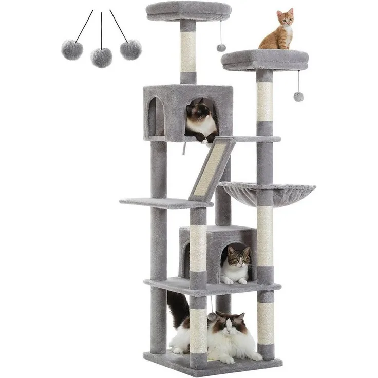 purplerain Kratzbaum XXL 7 Ebenen mit 2 Höhlen und, 180cm - Großer Katzenturm für mehrere Katzen, 2 Höhlen und 2 Sitzstangen