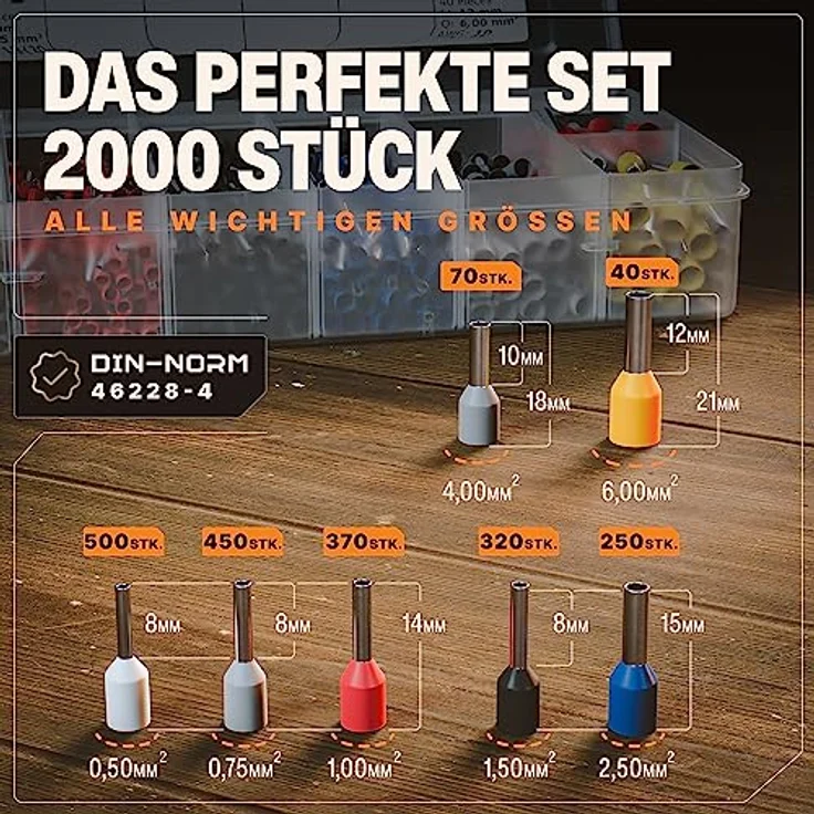 BAURIX® Sechskant Crimpzange mit 2000 Aderendhülsen Set I Aderendhülsenzange selbsteinstellend [Für 0,25-6mm²] I Krimpzange, Crimpzangen, Crimp Zange, Presszange – Bild 4