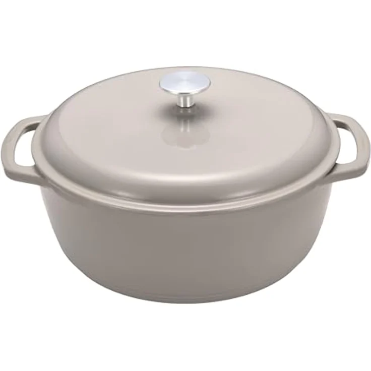 Amazon Basics Rundschmortopf, 6,9 L emailliertes Gusseisen mit Deckel, Leinengrau, für Braten und Backen, Ofenfest bis 260°C – Bild 1
