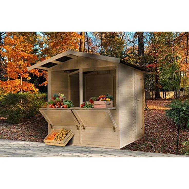 TIMBELA M149 Holz Gartenhaus, Marktbude Holz, Qualitäts Schiffslatten Kiefern Fichte Verkaufsstand Holzhaus mit Theke 200x200/4m2, große multifunktionale Garten-Bar Verkaufshütte Verkaufsstände – Bild 4
