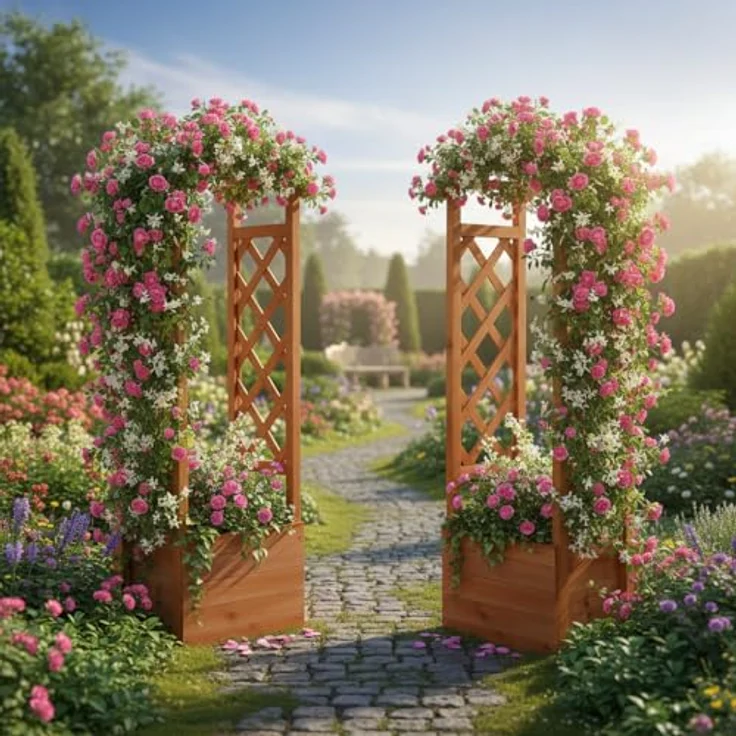Melko Rankhilfe 2er Set, Holz Blumenbogen Hellbraun mit geschwungenem Dach und Pflanzkästen für verschiedene Blumen- und Pflanzenarten – Bild 2