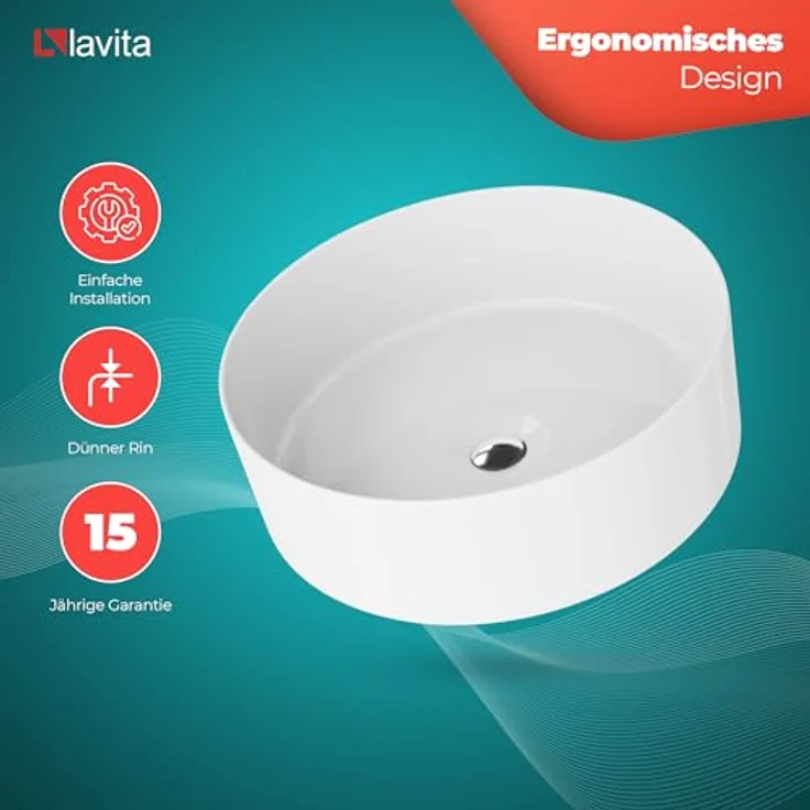 LAVITA Aufsatzwaschtisch Merida Rund, Porzellan, 37x37x12 cm, Weiß Glanz – Bild 4