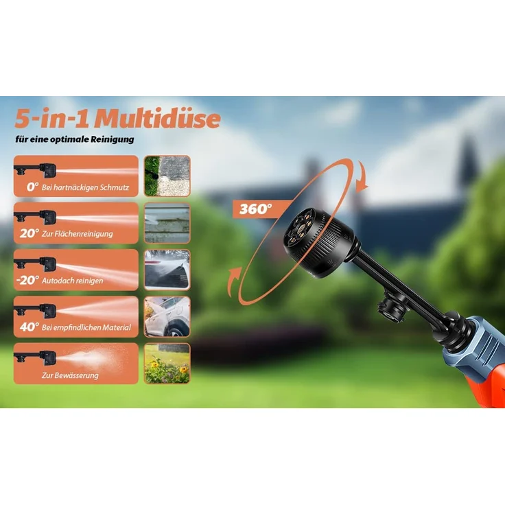 Fanztool Akku Hochdruckreiniger 20V mit 5-in-1-Multifunktionsdüse, 24 Bar Druck, Fördermenge 150 l-h, inkl. 6 m Schlauch mit Filter und 5 Liter Eimer – Bild 2
