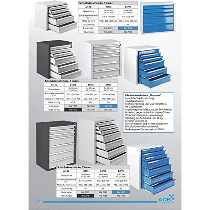 Schubladenschrank - Werkzeugschrank mammut, 7 Schubladen, RAL 7035 - 5012 – Bild 7