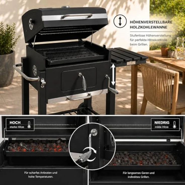Strattore Holzkohlegrill / BBQ XL Grillwagen, schwarz, mit stufenlos verstellbarem Kohleeinsatz – Bild 6