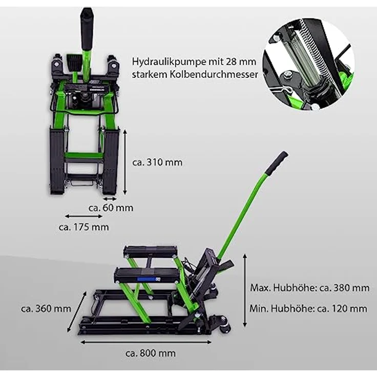 TRUTZHOLM Hydraulikheber Motorradheber 680 kg, stufenlos höhenverstellbar von 120 mm bis 380 mm, mobile Hebebühne mit Ratschen-Spanngurten, vormontiert – Bild 2