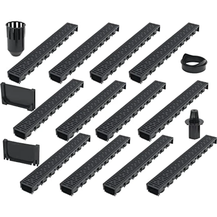 vidaXL 12x Entwässerungsrinne Set, Kunststoff, 12m, schwarz, mit Filtersystem und Bodenauslassventil – Bild 1