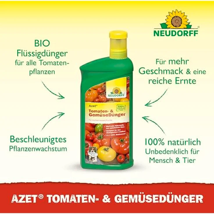 Neudorff Azet Gemüsedünger Bio, 1 Liter Flüssigdünger für Tomaten und Gemüse, organisch, vegan, mit Dosierbecher, für 100L Gießwasser – Bild 2
