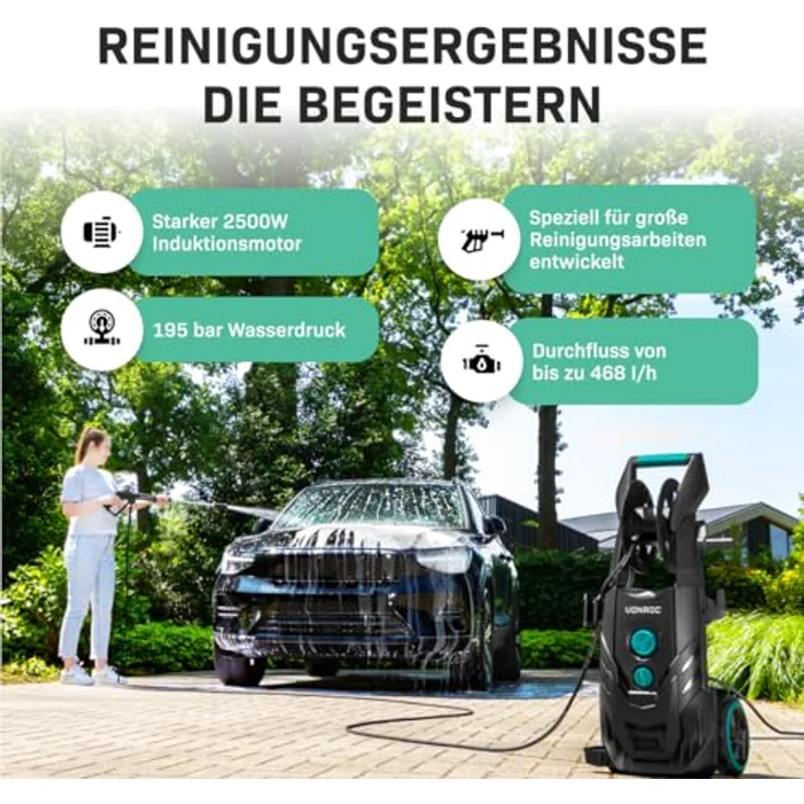 VONROC Profi Hochdruckreiniger PW509AC, 195 bar, 2500 W, mit 8 m Schlauch und integrierter Schlauchtrommel, Fassaden- und Dampfreiniger – Bild 2