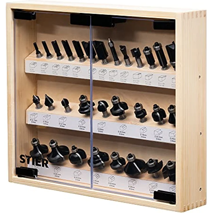 STIER Fräsersortiment in stabiler Vitrine, 30-teilig, 8 mm, Fräser für Oberfräsen, Holzfräser, Fräser Set, Fräserset, vollständiges Set mit Nutfräser Abrundfräser Bündigfräser Fasenfräser – Bild 1