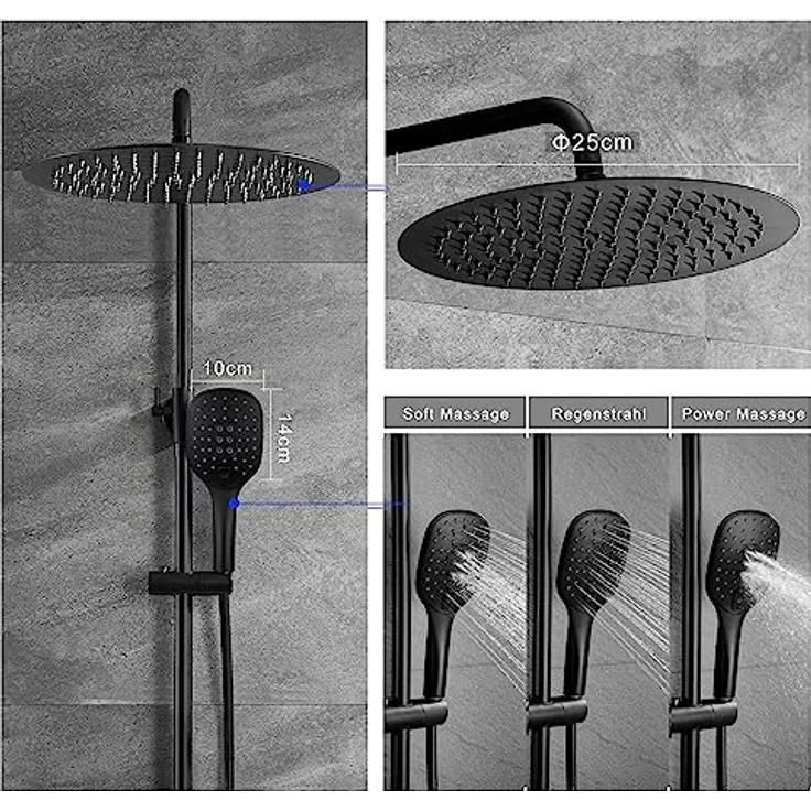 Görbach Regendusche Duschsystem, XL Rund 25 cm, Schwarz, Edelstahl mit 3 Strahlarten und höhenverstellbarer Duschstange – Bild 3