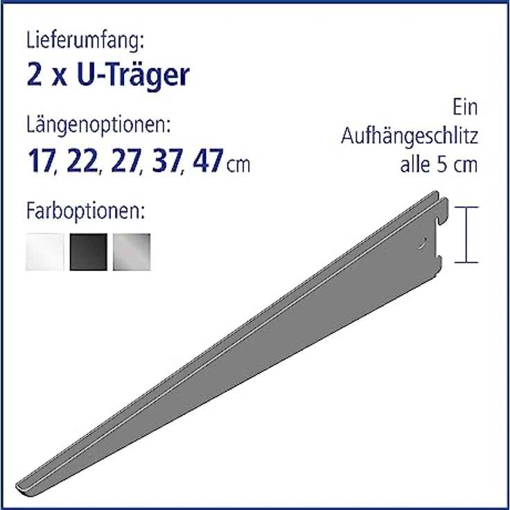 Element System U-Träger Regalträger 2-reihig, 2 Stück, 5 Abmessungen, 3 Farben, Wandschiene, weißaluminium – Bild 4