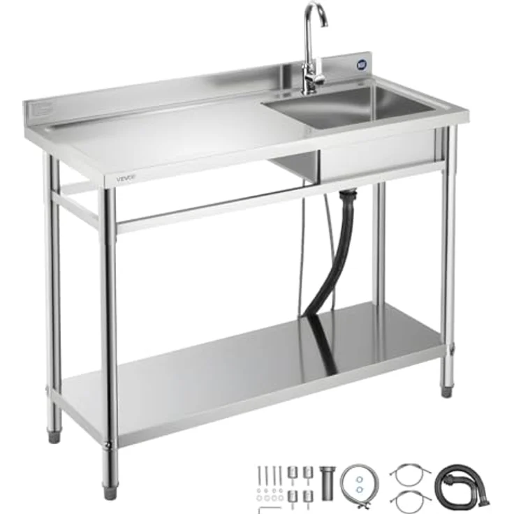 VEVOR Edelstahl Spültisch mit Wasserhahn, Einzelbecken (120 x 50 x 94 cm), 3-in-1 Multifunktionsdesign für Küche, Garage & Restaurant, verstellbare Ablage – Bild 1