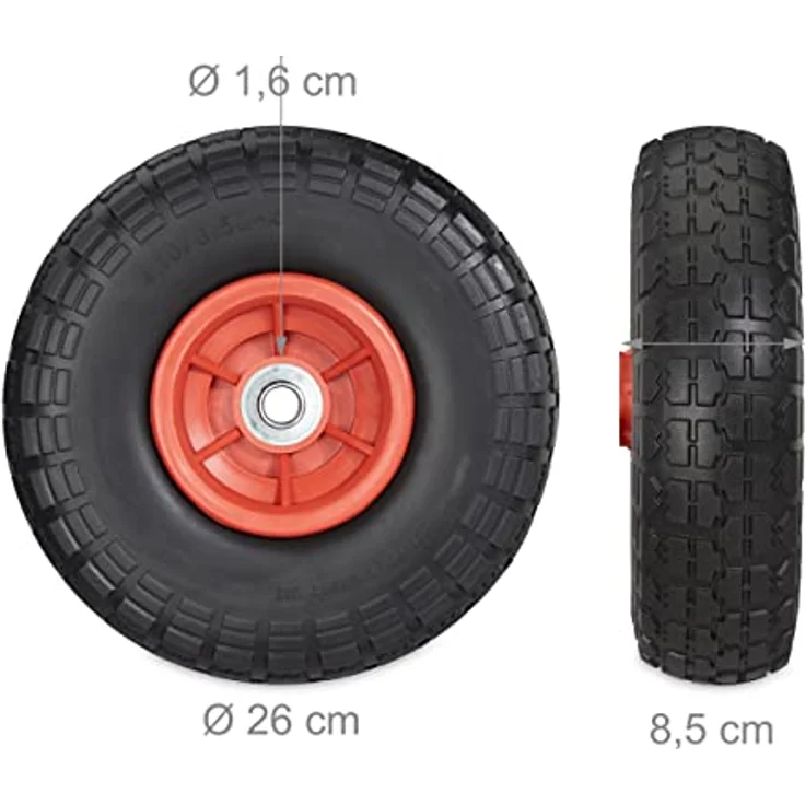 Relaxdays 2X Sackkarrenrad, pannensichere Vollgummireifen, 4.1/3.5-4", 16 mm Achse, bis 150 kg, 260x85 mm, schwarz-rot – Bild 4