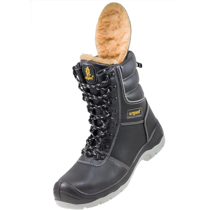 URGENT 113 S3 Winterschuhe, Sicherheitsstiefel aus Leder, warm gefüttert, mit Metallkappe und Durchtrittschutz, Größe 43, Schwarz