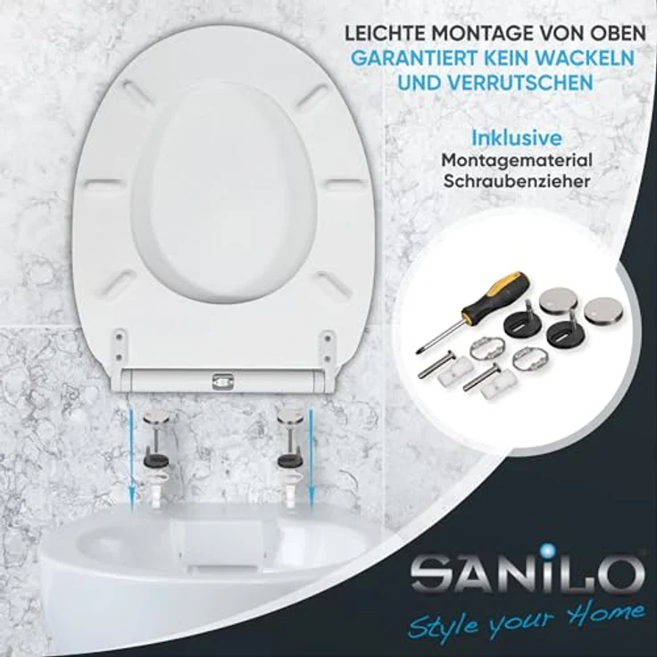 Sanilo WC Sitz Glitzer Weiß, Absenkautomatik, Hochwertiger Holz-Toilettendeckel mit antibakterieller Oberfläche und einfachem Montagematerial – Bild 7